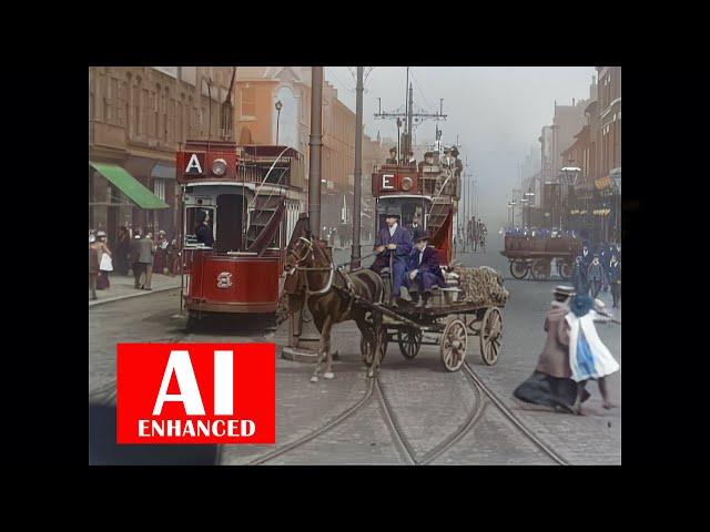 Tram Ride Through Sheffield, 1902. AI Enhanced. BW. Details Recovered. Upscaled to 1080 HD