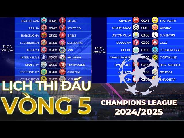 Lịch thi đấu Cúp C1 Châu Âu 2024/2025 Vòng 5 - Tâm điểm Liverpool vs Real Madrid