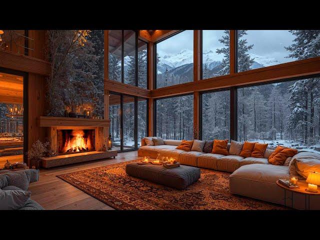 Cozy Winter Ambience ️ Smooth Jazz Music with Warm Fireplace Burning, Snowfall Sounds for Relaxing