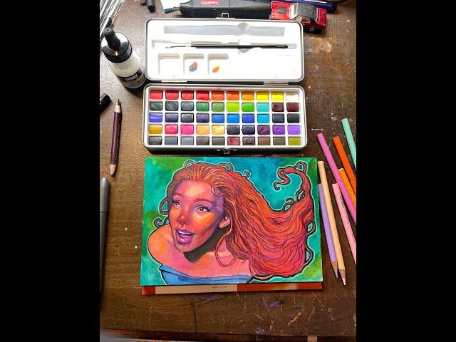 Painting Ariel from the Little Mermaid with @grabieofficial 50 color Watercolor Set