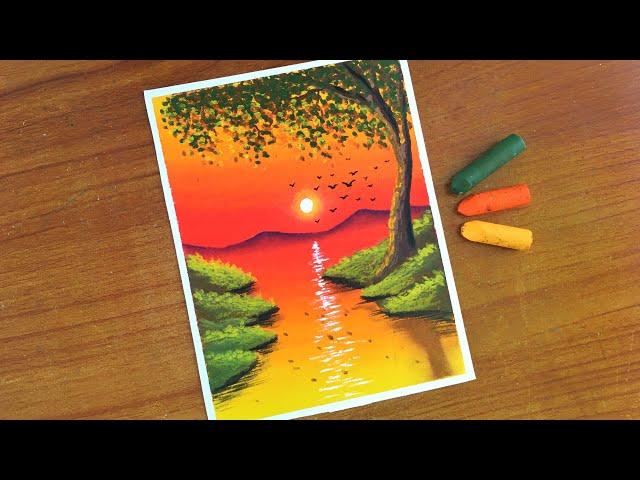 Easy Oil Pastel Sunset Scenery Painting for beginners | Oil Pastel Drawing