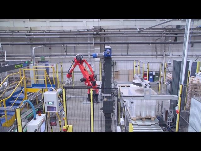 Comau Automated Stretch Foil Production Line with Robotized End-of-Line Palletizing