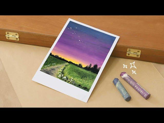 Easy Oil pastel Drawing, Night sky view landscape painting 