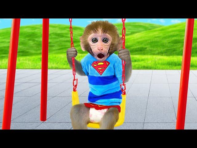 Monkey Baby Bon Bon plays swing in the park with duckling and cooking rainbow jelly with puppies