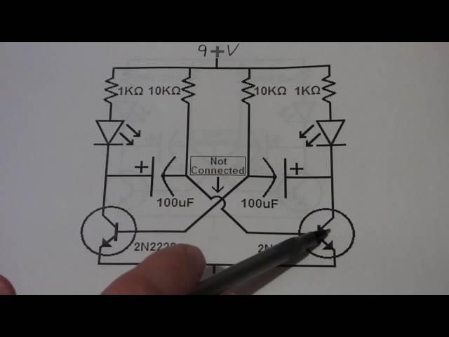 Astable multivibrator demo circuit w NPN 2n2222  and capacitors explained by electronzap