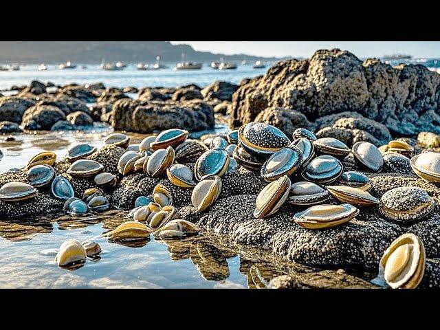 [English sub] Rich and rich  dozens of big abalones are adsorbed on the stone wall  and long-legged