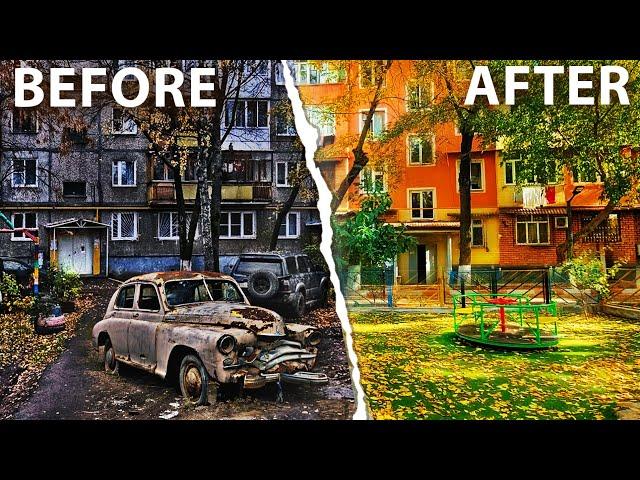 EPIC MAKEOVER of Ugly Hood! My Reaction, Walking tour, Typical Soviet Apartment Neighborhood  russia