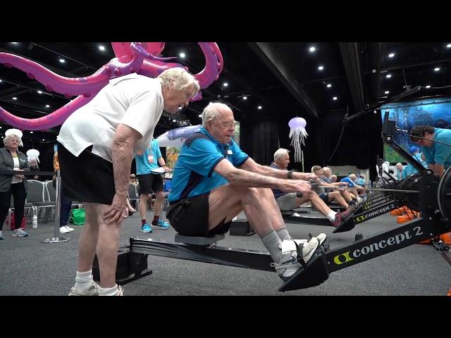 93-year-old Vince Home rowing for gold in indoor rowing at the Pan Pacific Masters Games