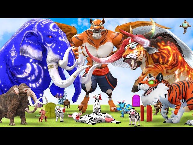 10 Mammoth Elephant Cow vs 10 Giant Tiger Bull vs Elephant Cow Fight Baby Cow Saved by Woolly Mammot