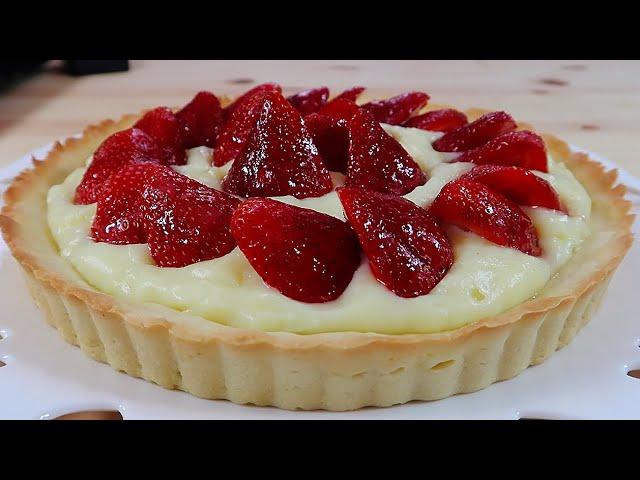 تارت توت فرنگی براق با فیلینگ کاستارد وانیلی Fresh Strawberry Vanilla Custard Tart