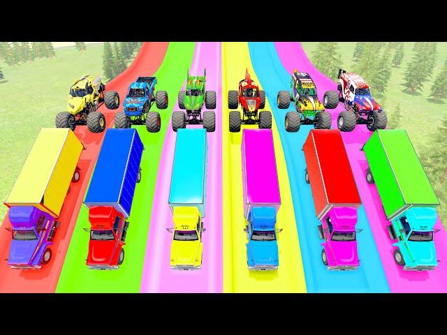 Monster Truck & Cars Flatbed Trailer vs Trap Colors High Speed Bumps Lava Pit - HT Gameplay Official