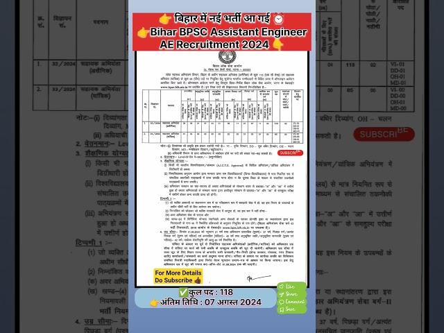 bihar new vacancy 2024 BPSC Assistant Engineer AE Recruitment 2024#bihar #education #exam #viral