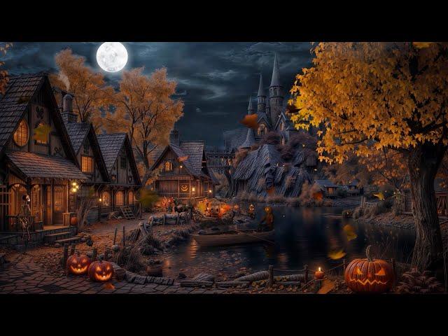 Cozy Autumn Village Halloween Ambience with Relaxing Crunchy Leaves & Thunderstorm Sounds for Sleep