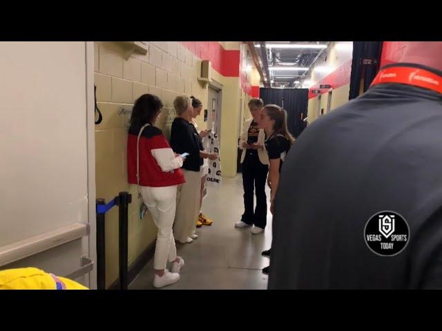 CAITLIN CLARK AND KATE MARTIN EMBRACE EACH OTHER AFTER THE GAME; JAN JENSEN HUGS MARTIN AFTER GAME