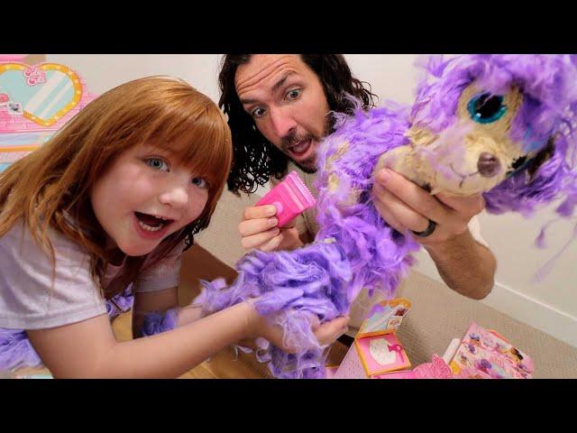 Adley PET SPA and HAiR SALON!!  Doggy Day Care with Dad! Fashion Makeover for baby Cutie Cuts dogs