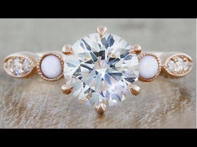 Vintage Inspired Rose Gold 1.50ct Round Diamond and Opal Engagement Ring - Laura