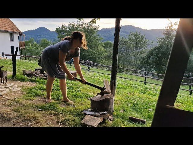 Day life of one family living far from civilization in an abandoned village