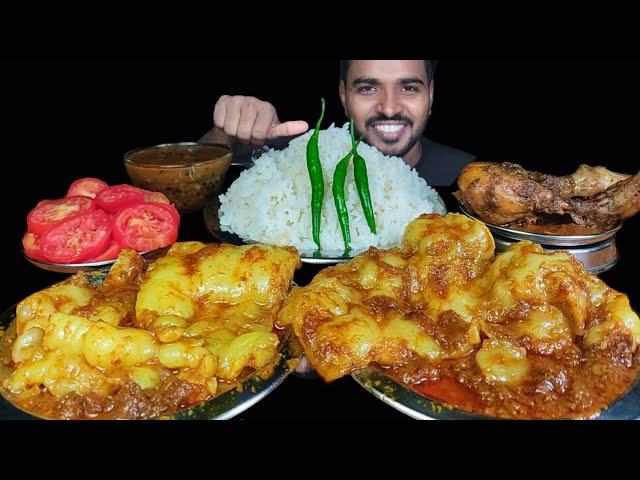 Eating Spicy Mutton Fat Curry with Rice | Masala Chicken, Tomato & Moong Dal Mukbang