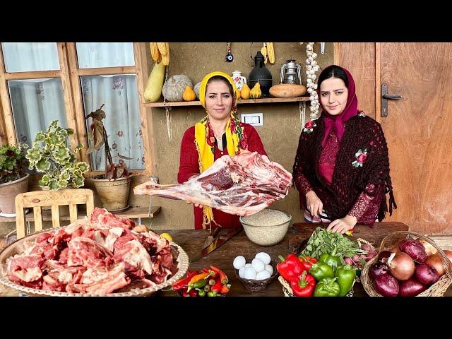 Cooking Lamb Leg Stew with Saffron Rice and Shirazi Salad in the Village