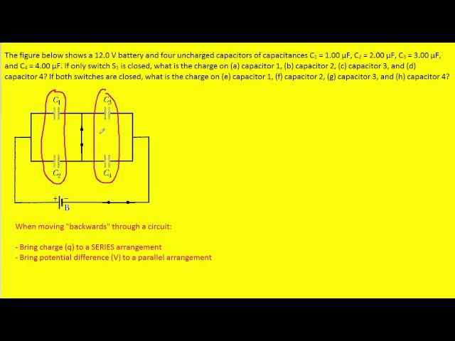 The figure below shows a 12.0 v battery and four uncharged capacitors of capacitances