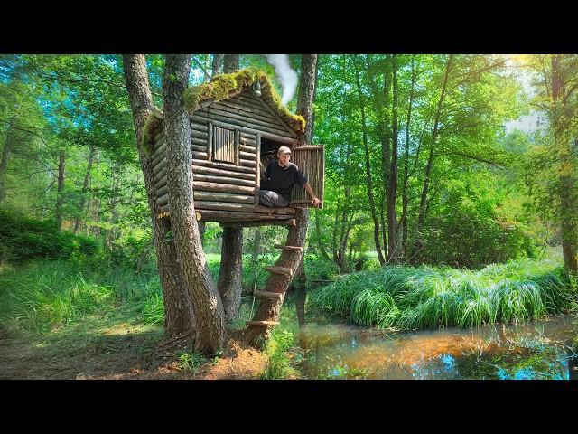 Building a cozy bushcraft treehouse over the water. Catch and Cook. Overnight, Survival