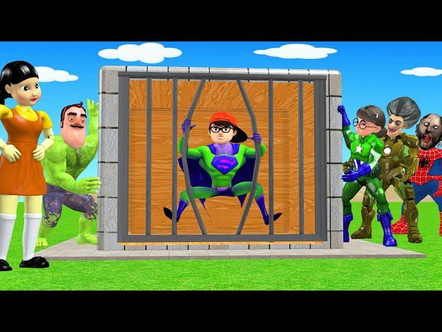 Scary Teacher 3D vs Squid Game Become Superhero Escape Cage 5 Times Challenge Miss T vs Granny Loser