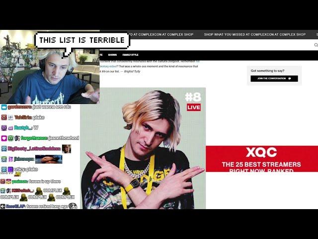 xQc says Crashes out on Complex's "Top Streamer List" after Realizing he's Only #8