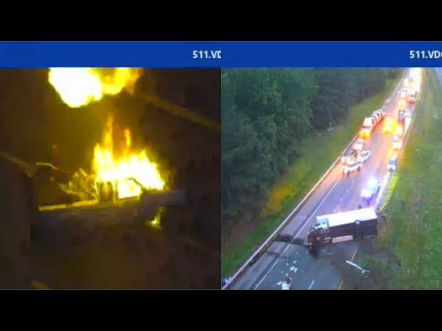 [FATAL] Box Truck Drifts Into Opposite Lanes Of I-95, Crashes Into Pickup Which Explodes (Off Cam) 