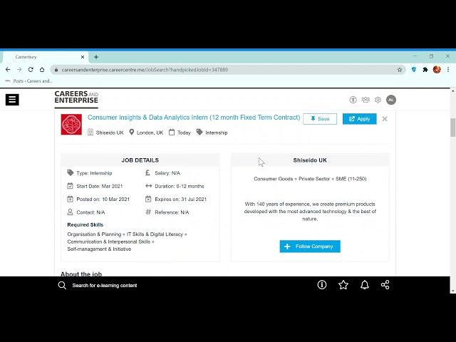 How to search for Jobs using the Job Search Tool on the Careers and Enterprise Online Hub