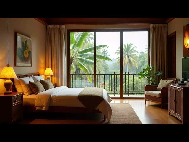 Soft Piano & Rain Sound – A Warm Rainy Day in Peaceful Vietnamese Bedroom with View of Palms Forest