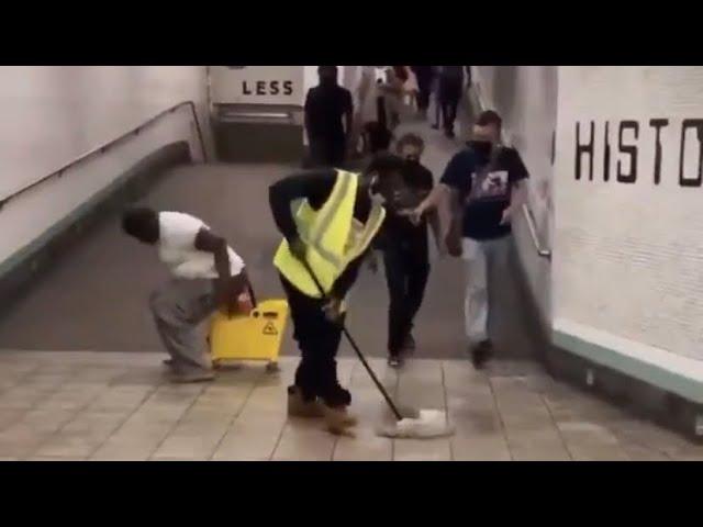 NYC homeless man poops in mop bucket