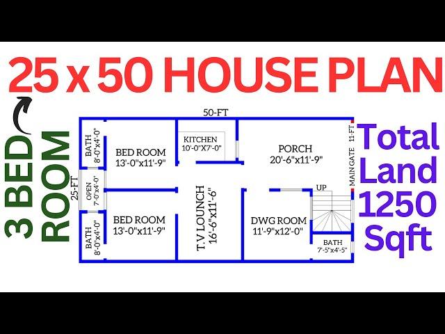 HOUSE PLAN 25x50 DESIGN  1250 SQUARE FT. हाउस प्लान 25x50 डिज़ाइन .LAYOUT PLAN.