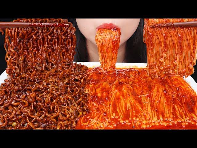 ASMR SPICY ENOKI MUSHROOM  SPICY BLACK BEAN NOODLE SAMYANG JJAJANG | MUKBANG ASMR EATING SOUNDS