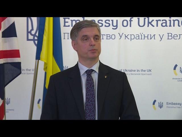 Ukrainian Ambassador Vadym Prystaiko to the UK holds a news briefing as Russia invades Ukraine.