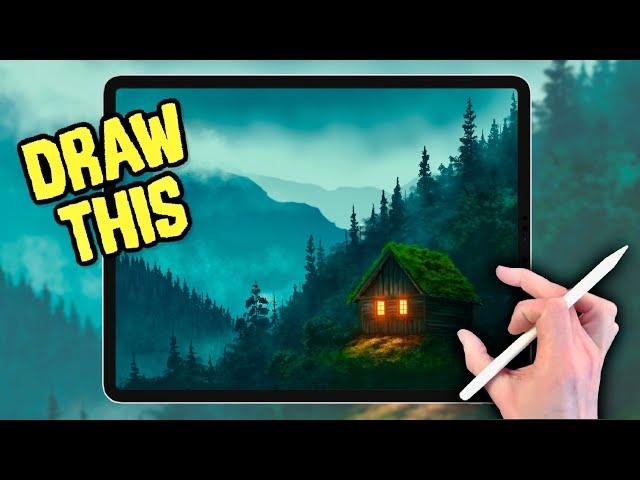 PROCREATE Landscape DRAWING Tutorial in EASY Steps - Mountain Cabin