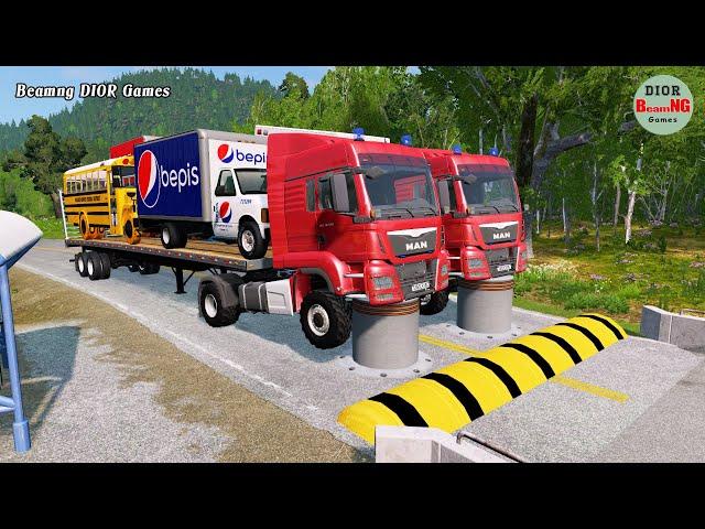 Double Flatbed Trailer Truck vs speed bumps|Busses vs speed bumps|Beamng Drive|187