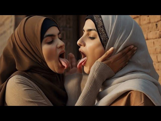 Muslim women kiss in the village