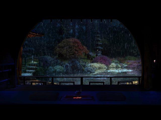 Heavy Rain On An Old Ryokan In Japan With A Zen Garden At Night, For Sleep, Study, Relaxation, ASMR