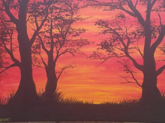 Acrylic sunset painting with trees silhouette timelapse - timelapse painting SASART