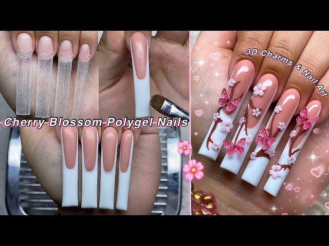 CHERRY BLOSSOM POLYGEL NAILS HOW TO FRENCH TIP & 3D FLOWER CHARMS DESIGN! | Nail Tutorial