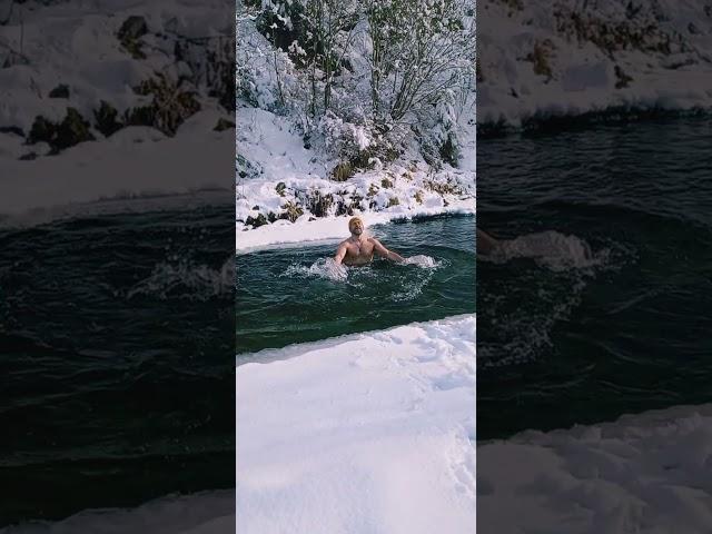 Felix Albus, bath in frozen mountain river, Wim Hof method, December 2024