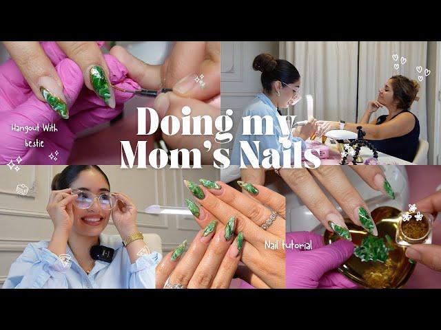 Creating Stunning Summer Nails on MY MOM | Emerald Green & Gold Marble Nail Art | Nail Tech Vlog 