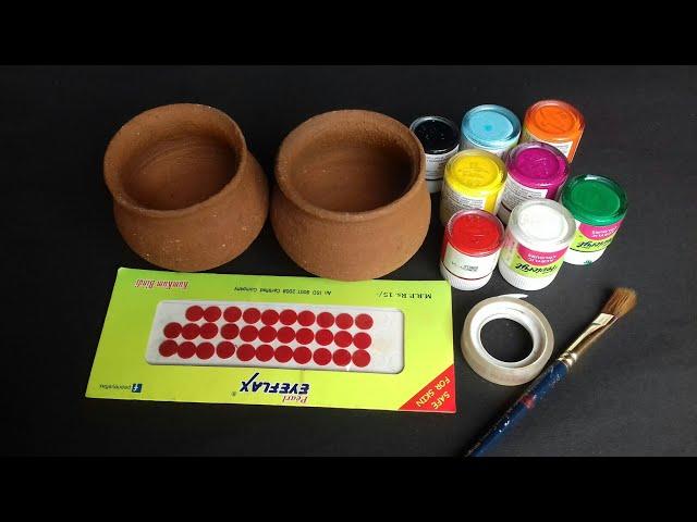 2 Easy pot painting using cello tape and bindi // DIY pot painting ideas