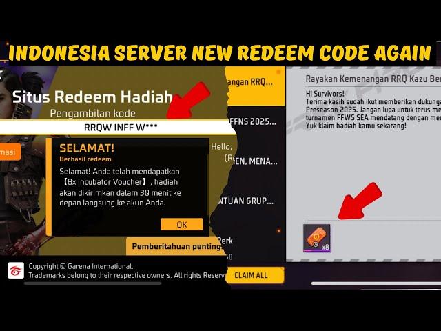 Indonesia server new redeem code again || ff indonesia server new event today