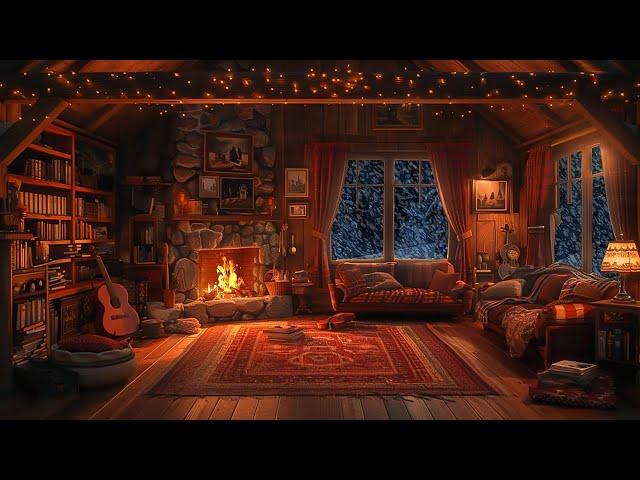 Deep Sleep Amidst a Serene Snowstorm: Cozy Winter Hut with Gentle Snowfall, Howling Wind & Fireplace