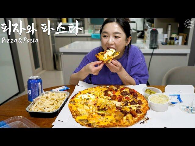 Real Mukbang:) Shrimp & Steak topping Pizza!!  Cream pasta, coleslaw, beer 