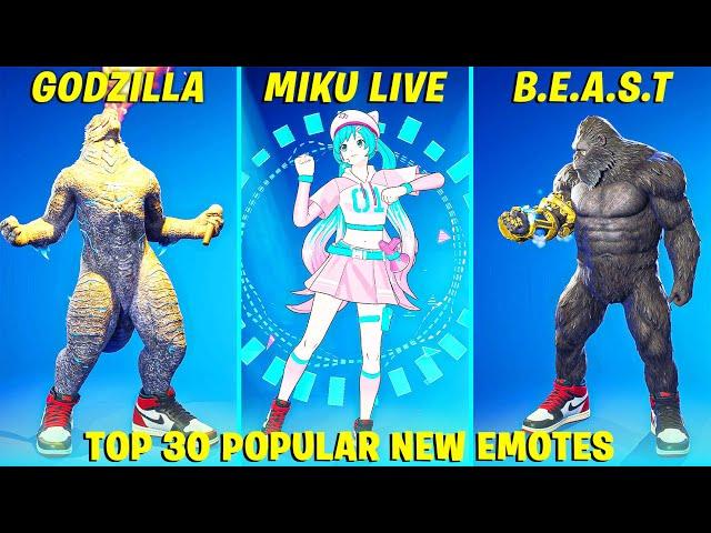 Top 30 Popular New Fortnite Dance & Emotes! (Kong, Mecha Godzilla, Miku Live, Godzilla Supercharged)