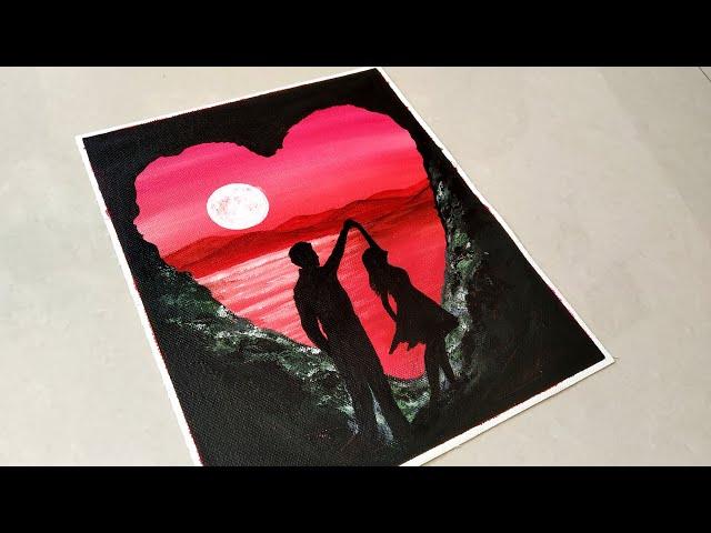 Valentine's special/Step by Step Acrylic Painting tutorial for Beginners / Moonlight Couple Painting