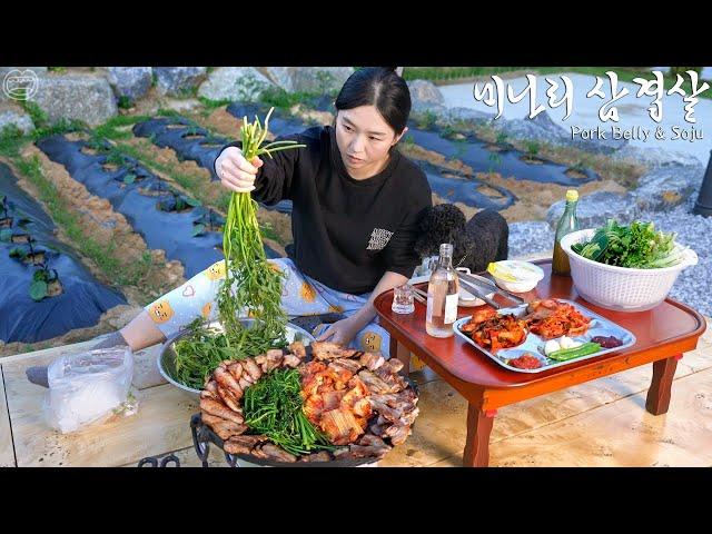 Real Mukbang:) Korean BBQ! Grilled pork belly with water parsley & Soju  Fried rice