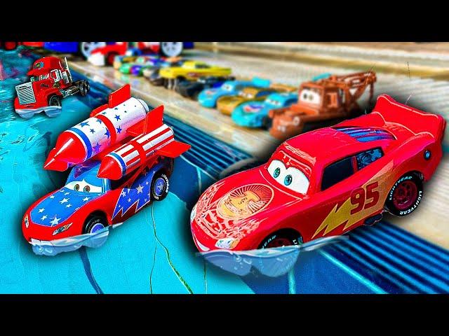 Disney Pixar Cars falling into deep pool, Lightning McQueen, Tow Mater, Mack, Sally, Francesco